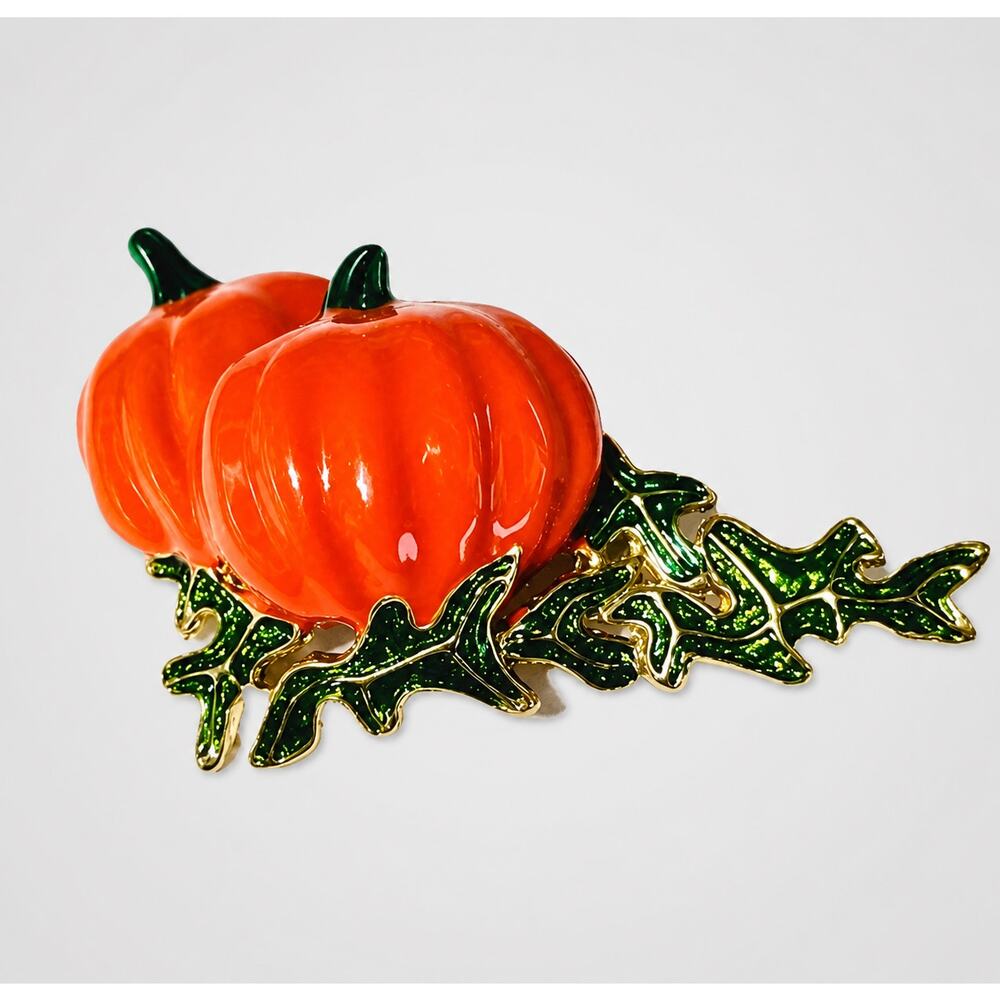 Large Orange Enamel Pumpkin Brooch Pin Chunky Fall Festive Jewelry h-23
